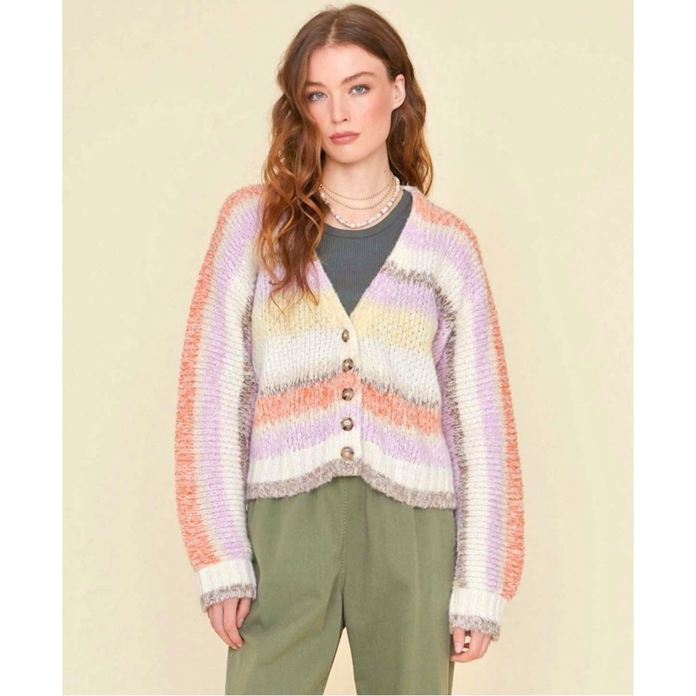 [sold] XiRENA Laramie Sweater Cream Yellow Striped Loose Knit Light Cardigan - Picture 3 of 9